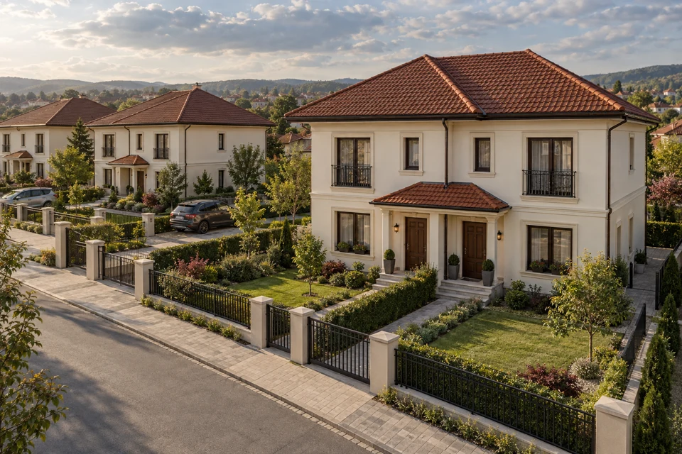 Imagine conceptuală: case tip duplex, stil clasic, cu fațade echilibrate