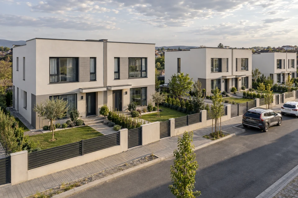 Imagine conceptuală: case tip duplex, stil contemporan, cu linii simple