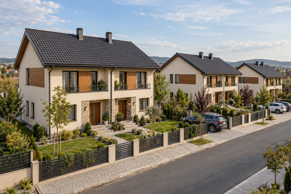 Imagine conceptuală: case tip duplex, stil cu materiale naturale și acoperiș înclinat