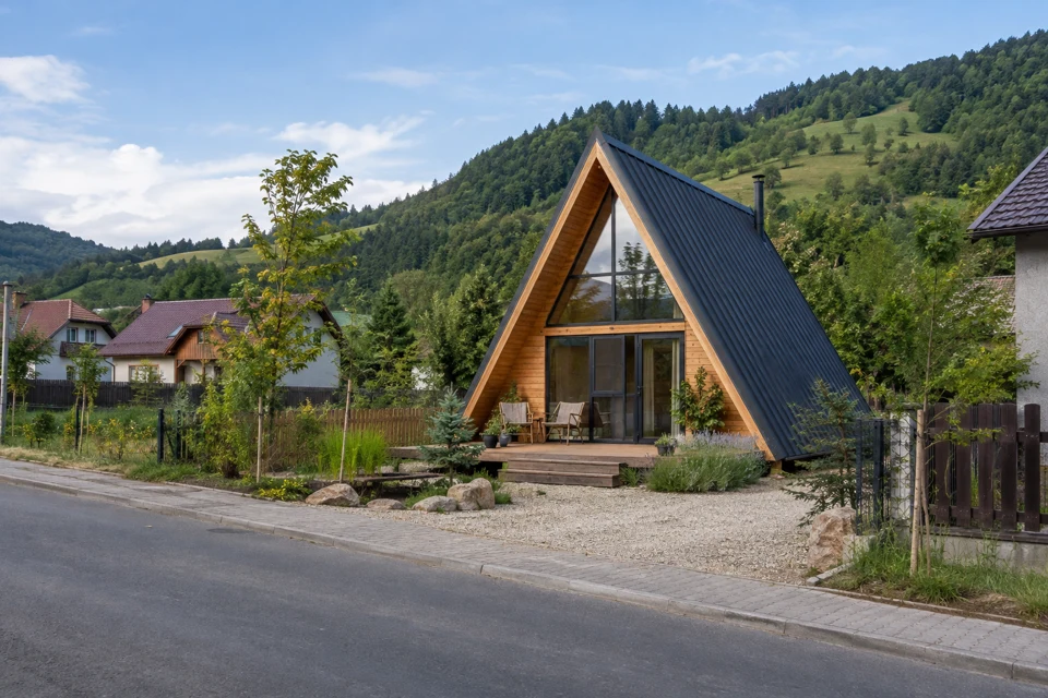 Imagine conceptuală: a-frame · casă cu formă triunghiulară