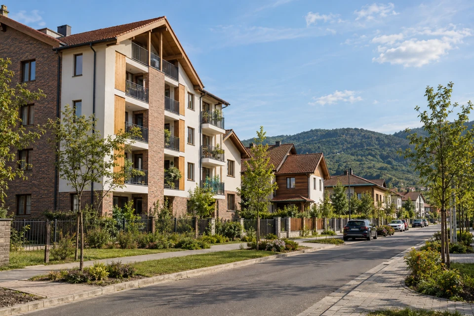 Imagine conceptuală: cu materiale naturale și acoperiș înclinat