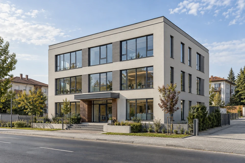 Clădire de birouri conceptuală: exterior contemporan, cu suprafețe vitrate